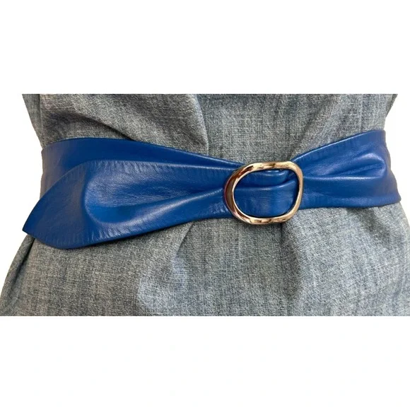 80's Leather Cinch Waist Slide Belt Silver Tone Oval Buckle USA Blue Size Medium - Picture 5 of 8